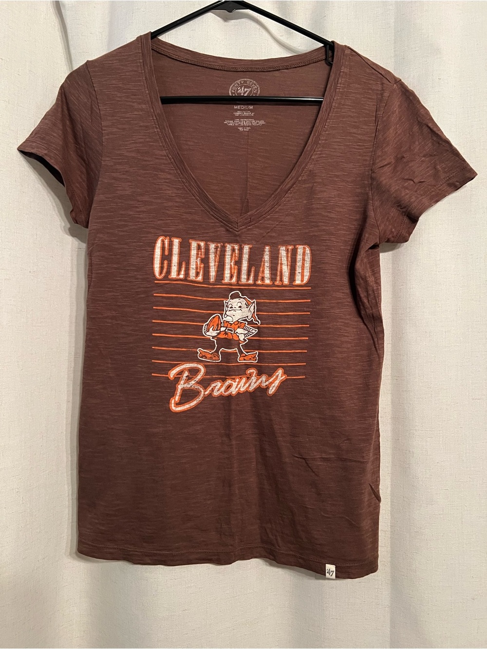 47 Cleveland Browns Women's Brown V-Neck Tee with Orange & White Graphics